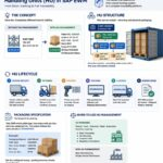Conceptual overview infographic showing Handling Unit management in SAP EWM, including HU structure, lifecycle stages, packaging rules, and usage scenarios